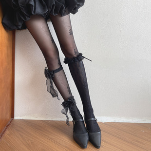 袜贵人新品暗黑哥特风蕾丝提花少女连裤袜丝袜网纱蝴蝶结花边腿环