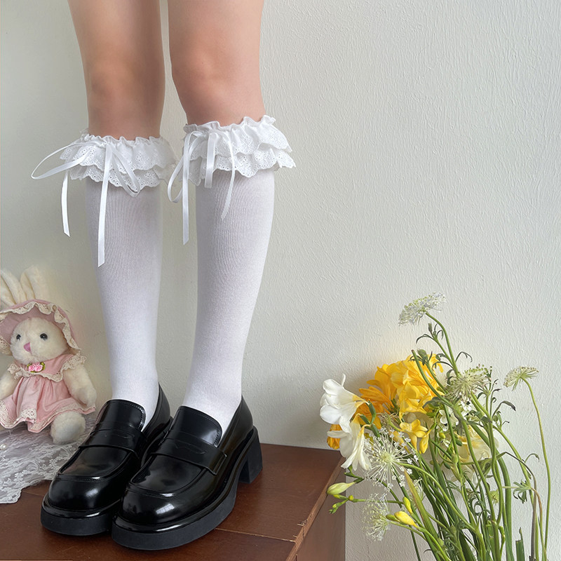 袜贵人春夏刺绣棉布双层花边蝴蝶结洛丽塔少女jk显瘦中筒小腿袜女