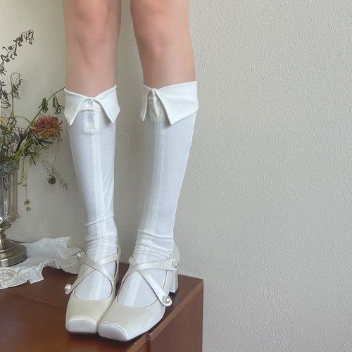 袜贵人新品doll感小众时髦衬衫翻领纽扣杂志款复古少女中筒堆堆袜