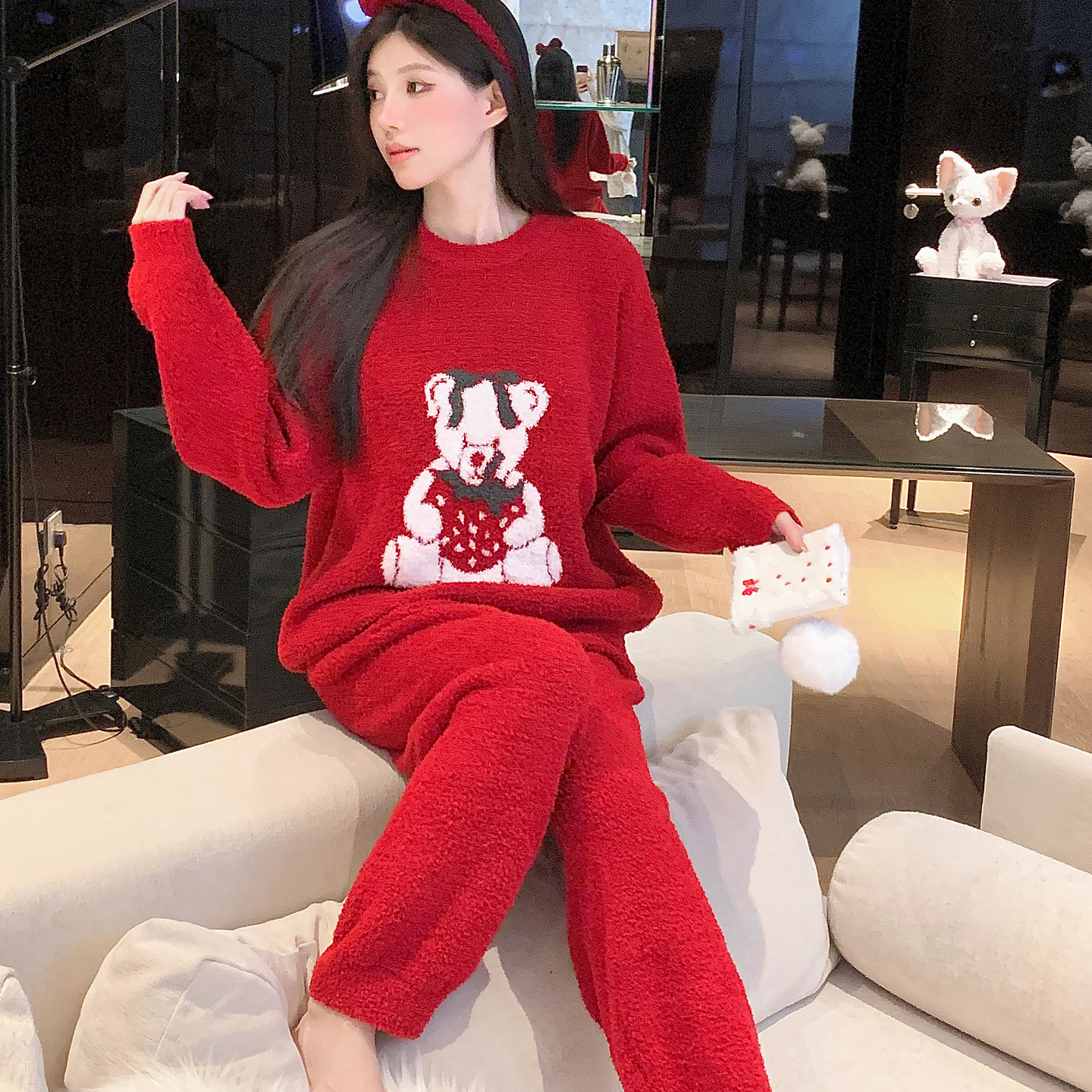 睡衣女冬红色本命年卡通可爱