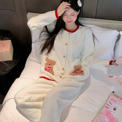 学生睡衣女秋冬半边绒宿舍可外穿