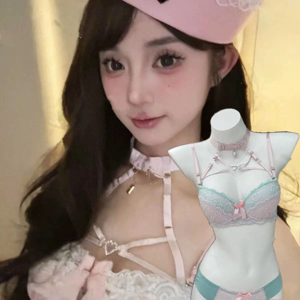 魔法聚拢爱心丘比特蕾丝吊坠纯欲水钻蝴蝶结性感内衣文胸套装
