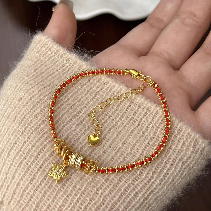 新款古法沙金红绳编织圣诞星星跑环好运手链本命年女生闺蜜手饰