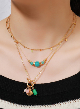 黄铜镀18K真金锁骨链女时尚优雅气质彩色天然石叠戴项链锁骨链