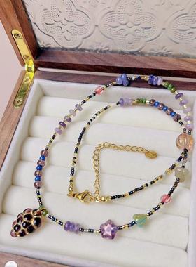 原创设计捷克琉璃串珠项链紫葡萄小众复古少女田园甜美颈链礼物