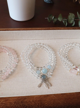 天然6mm粉水晶白水晶三圈手链小众女小清新高级感轻奢平安扣手串