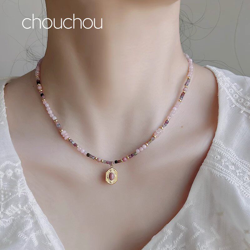 chouchou粉晶项链女天然红纹石串珠配饰原创民族风复古锁骨链秋冬