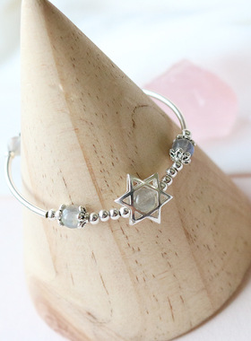 天然灰月光水晶手链女六芒星手镯小众原创百搭简约个性好运手串