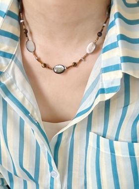 复古美拉德风原创设计天然虎眼石项链锁骨链女小众高级感方糖项链