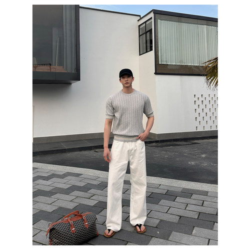 【25SS】新款线条撞色老钱针织圆领短袖商务休闲舒适T恤