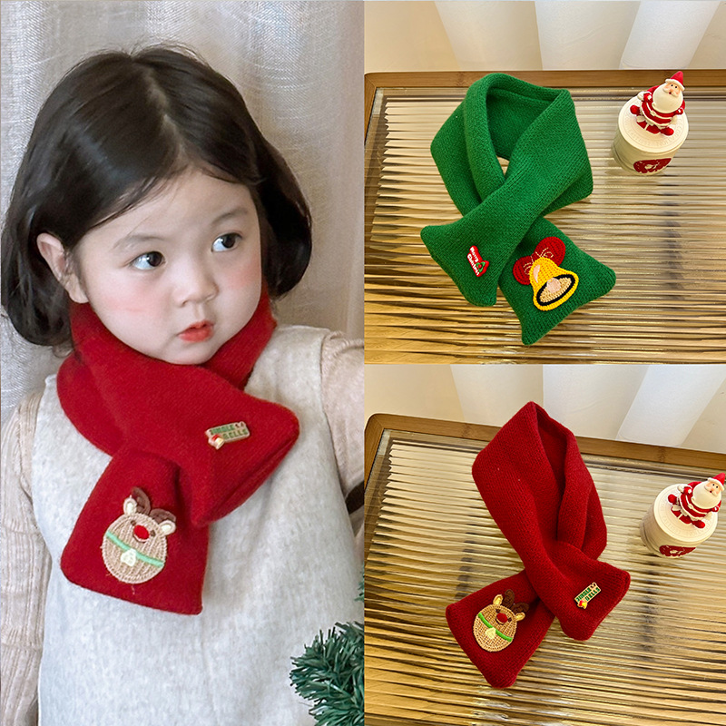 洋气儿童圣诞针织围巾秋冬保暖男女宝宝穿搭造型卡通可爱交叉围脖