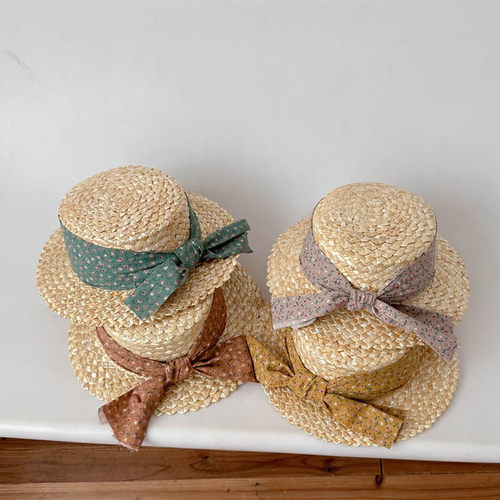 INS风儿童碎花飘带草帽潮夏季