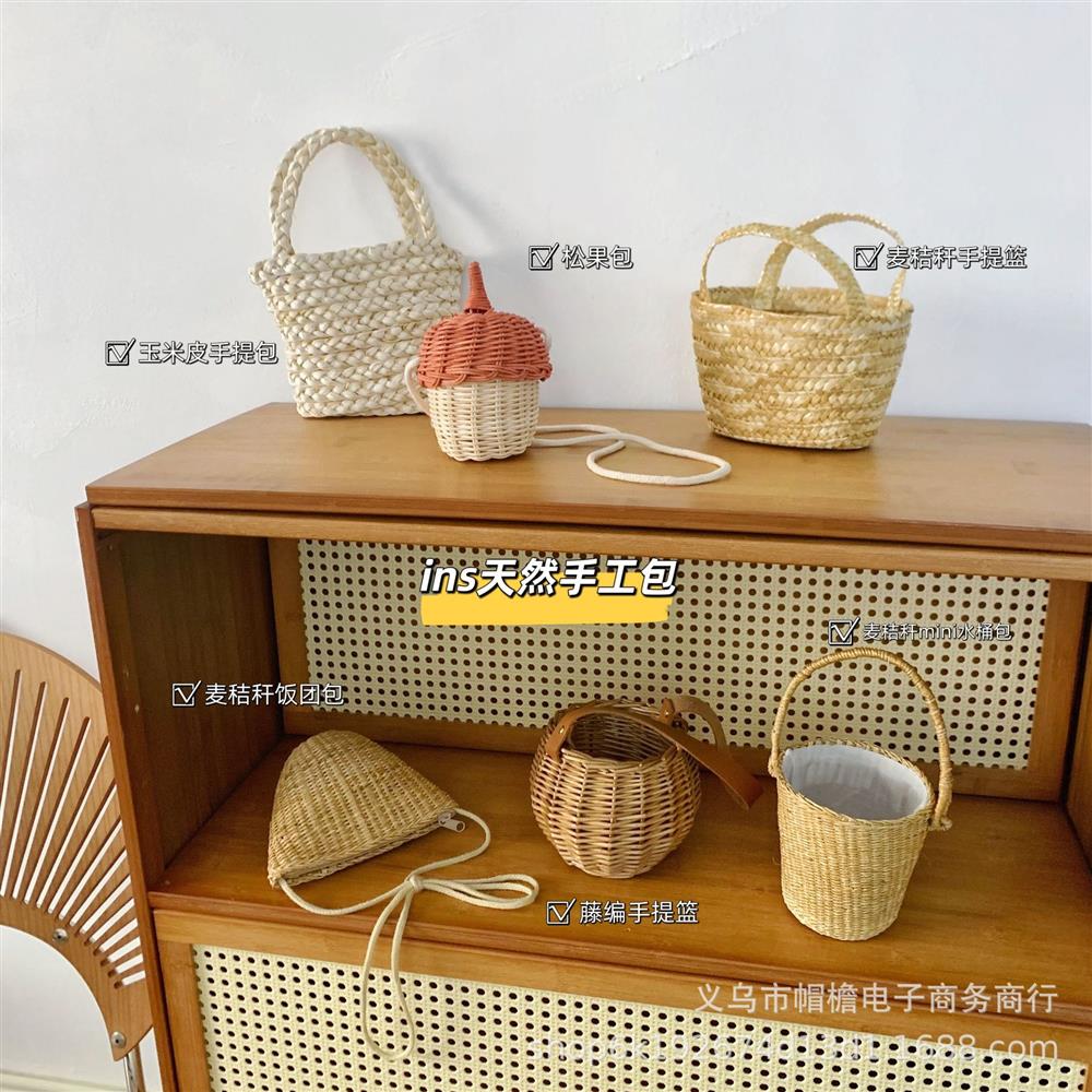 ins韩版草编包包儿童凹造型拍照手提包宝宝个性沙滩包藤编手提篮