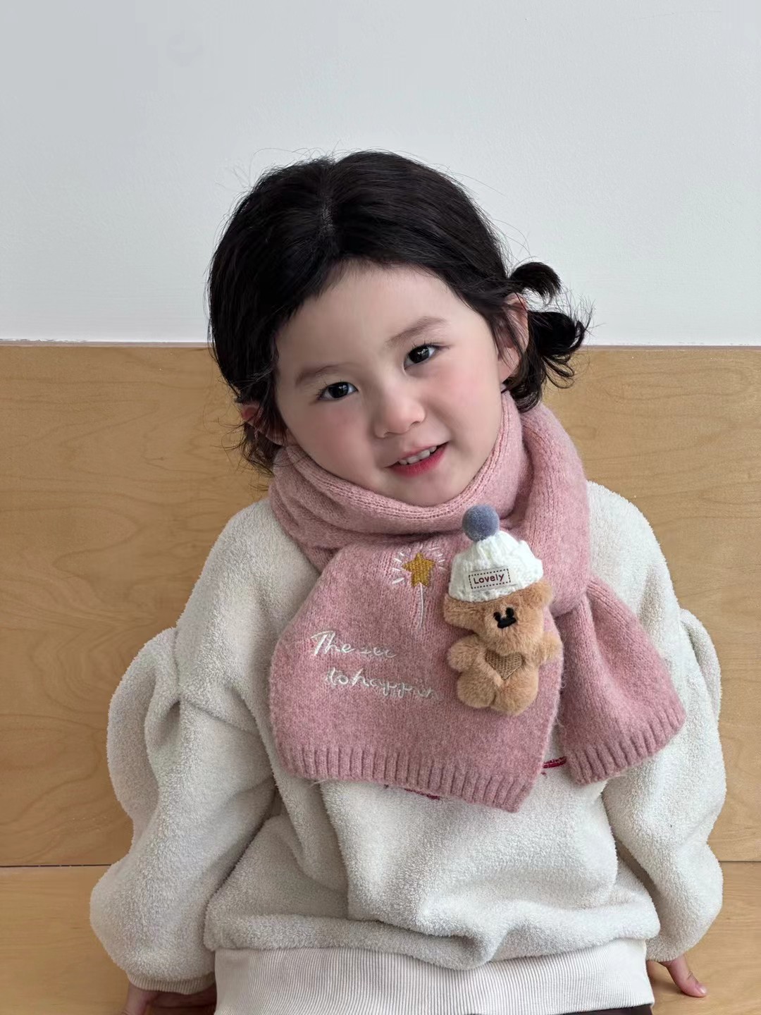 可爱小熊针织围巾女冬季保暖韩系氛围感百搭儿童围脖防寒护颈围巾