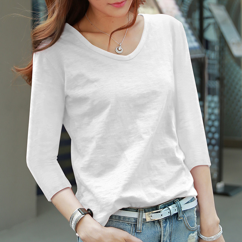 2020新款韩版宽松V领白色七分袖t恤女竹节棉纯色百搭纯棉学生体恤