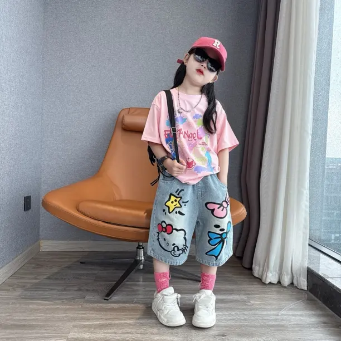 女童粉色宽松短袖五分裤套装