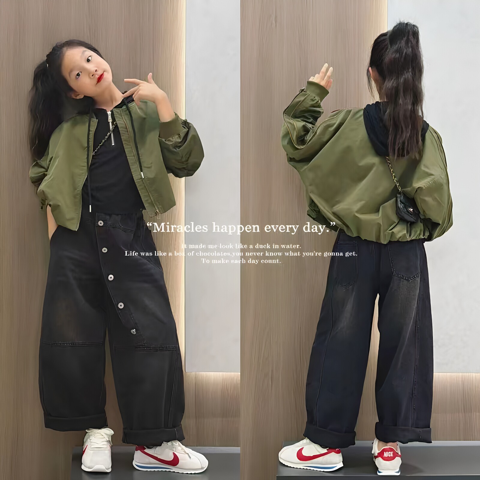 女童棒球服外套帽衫牛仔裤三件套