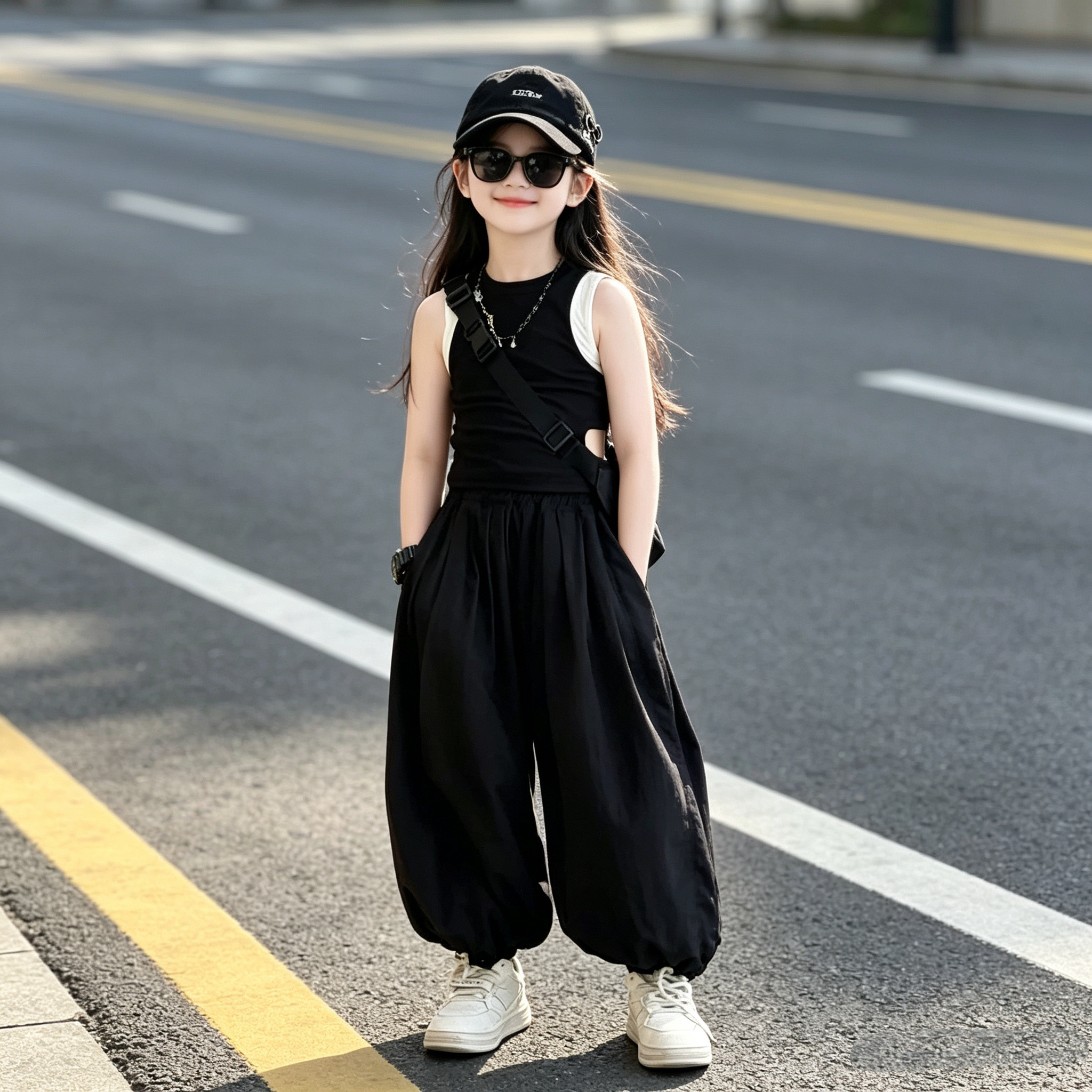 女童修身拼色露腰背心灯笼裤套装