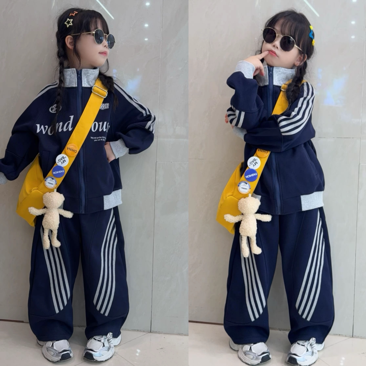 女童立领字母外套阔腿裤套装