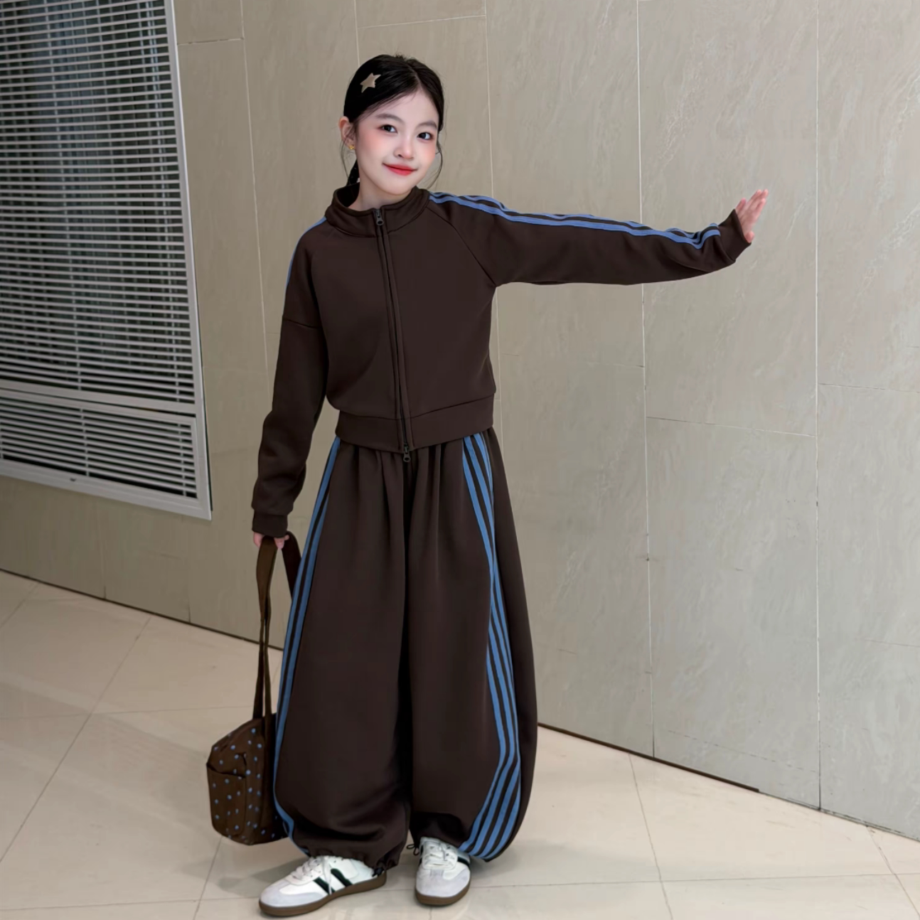 女童休闲拼接条纹上衣阔腿裤套装