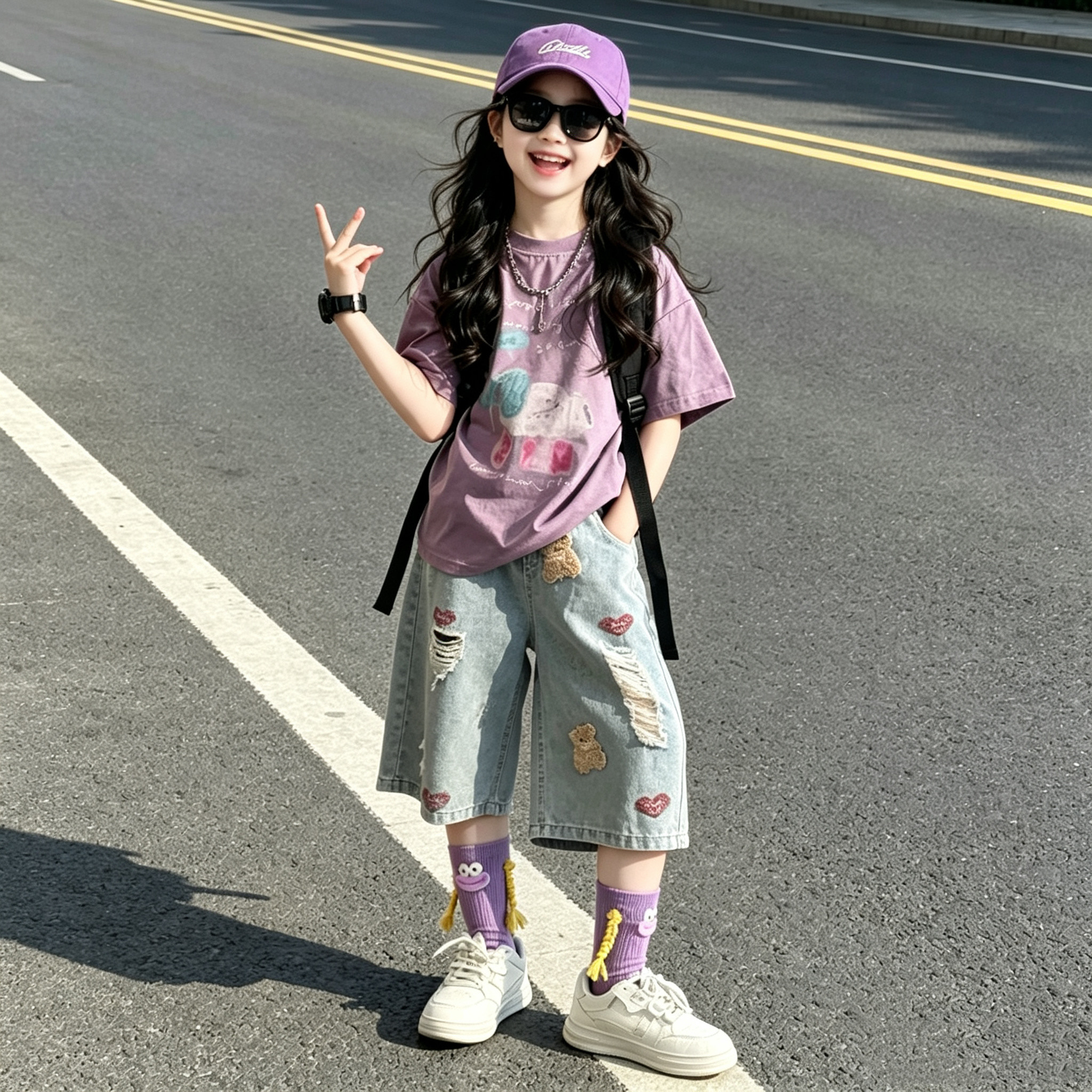 女童卡通小象短袖破洞中裤套装