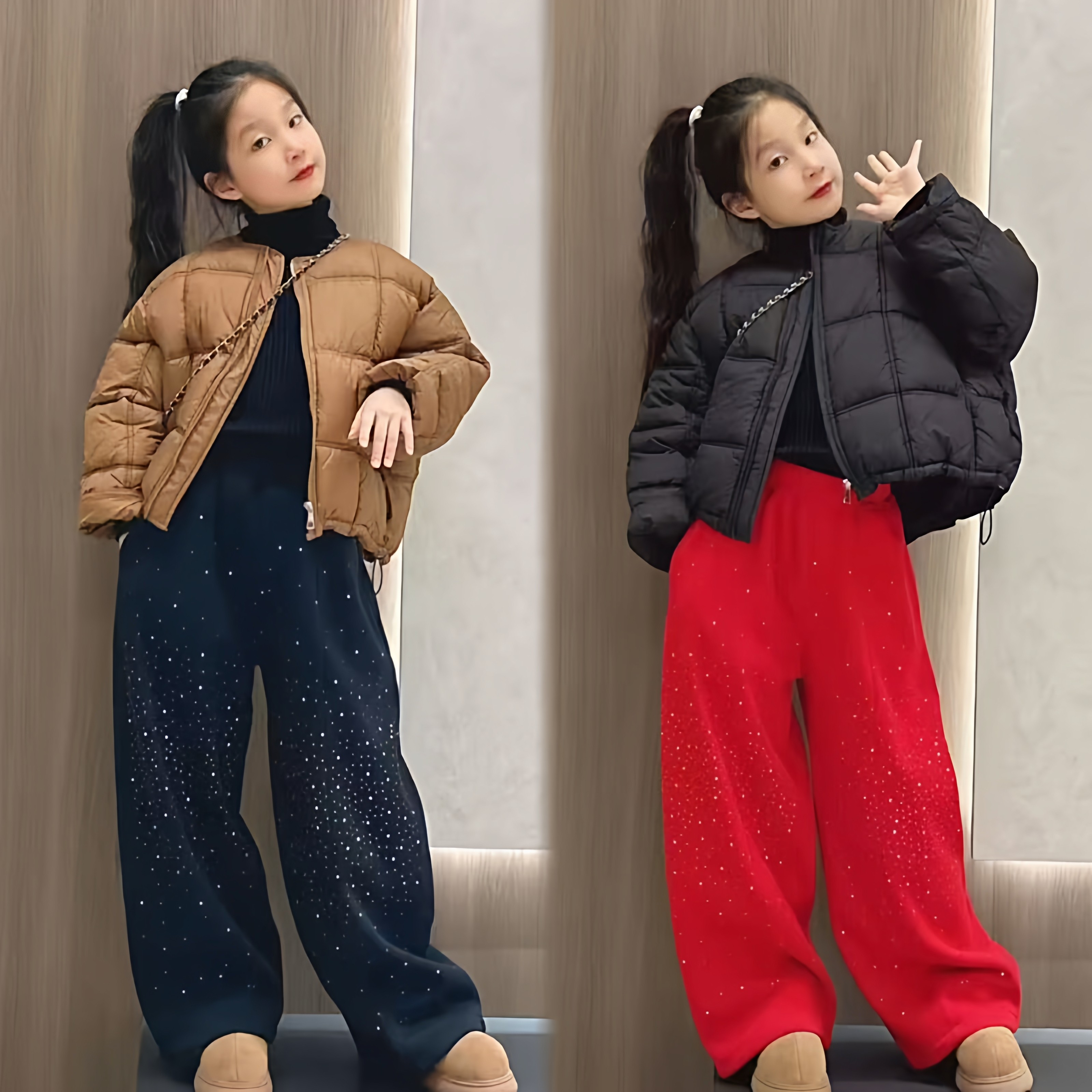女童泡芙格棉服满天星卫裤套装