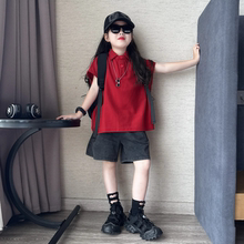 女童夏季时尚复古高级感polo领无袖上衣百搭宽松牛仔短裤洋气套装