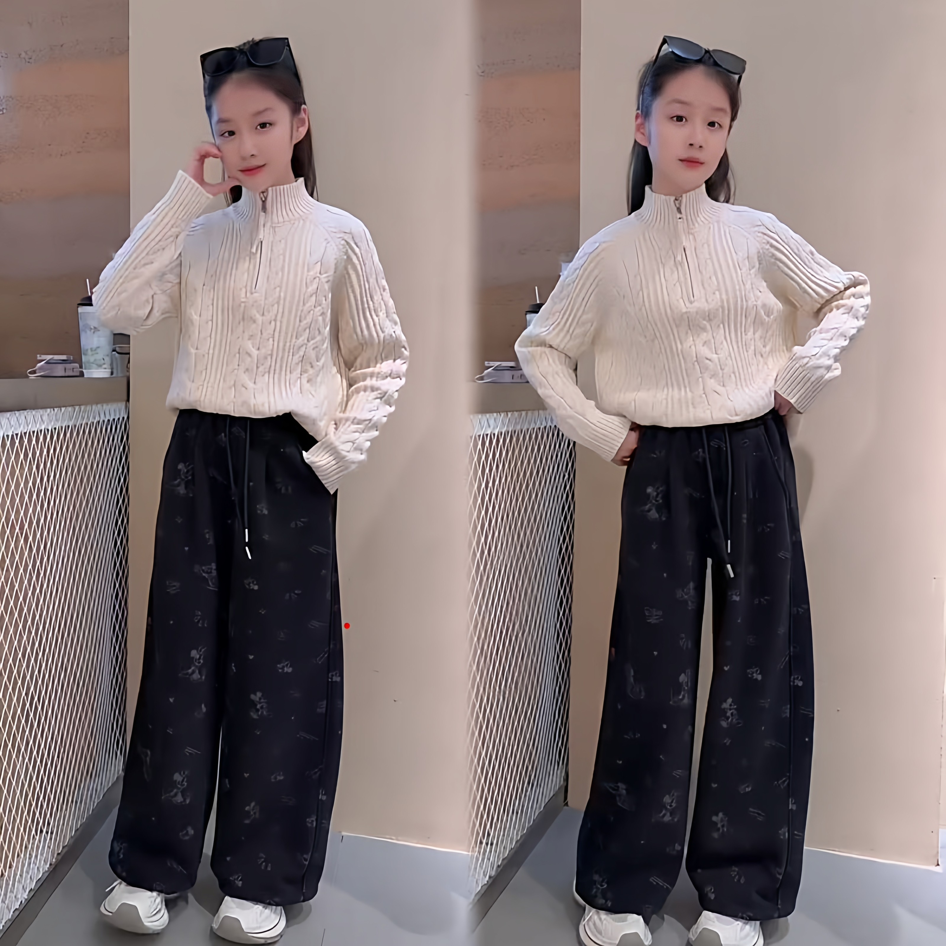 女童韩系极简风加厚麻花半拉链高领毛衣设计感印花阔腿裤洋气套装