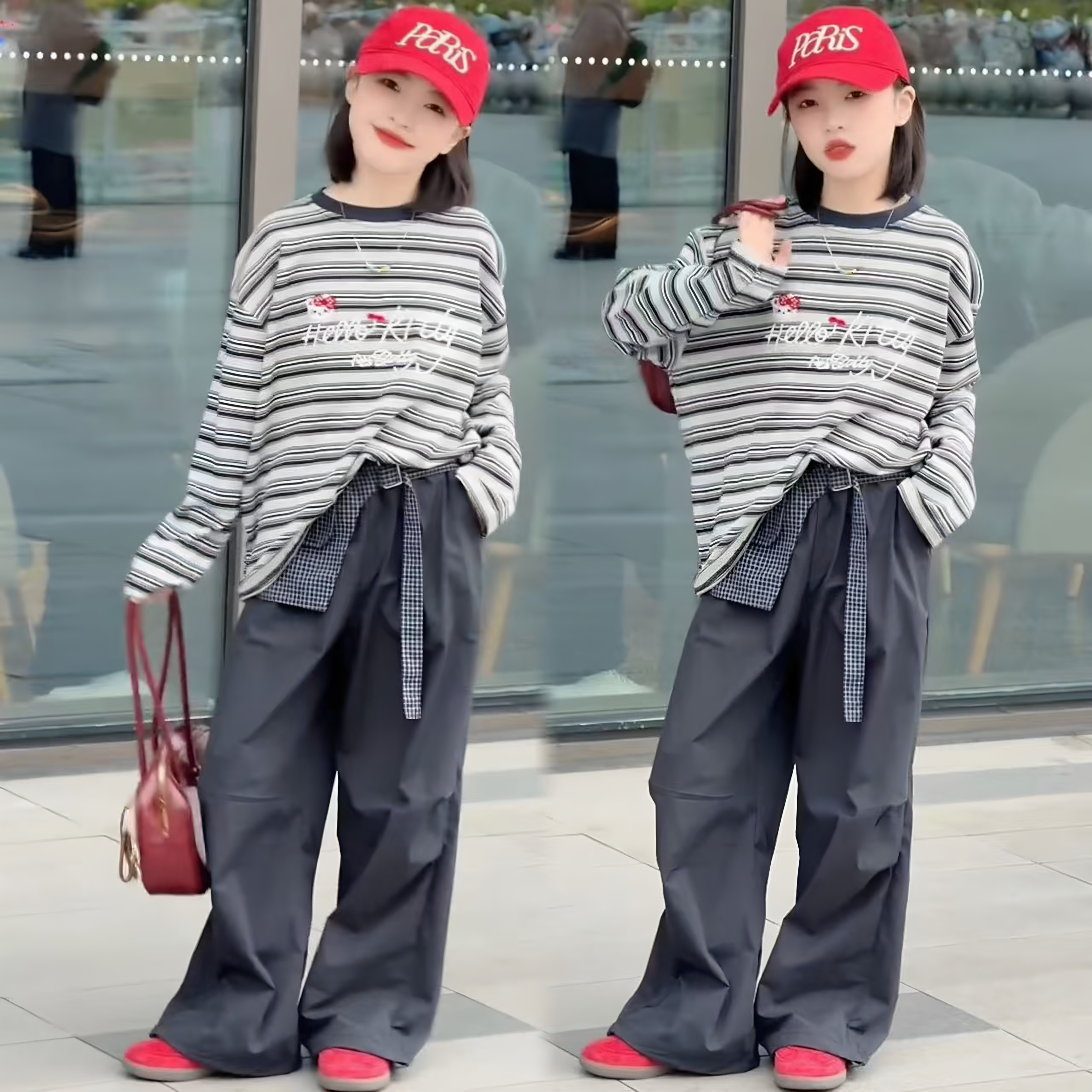 女童春秋慵懒学院风经典条纹休闲长袖T恤设计感腰封工装裤套装韩