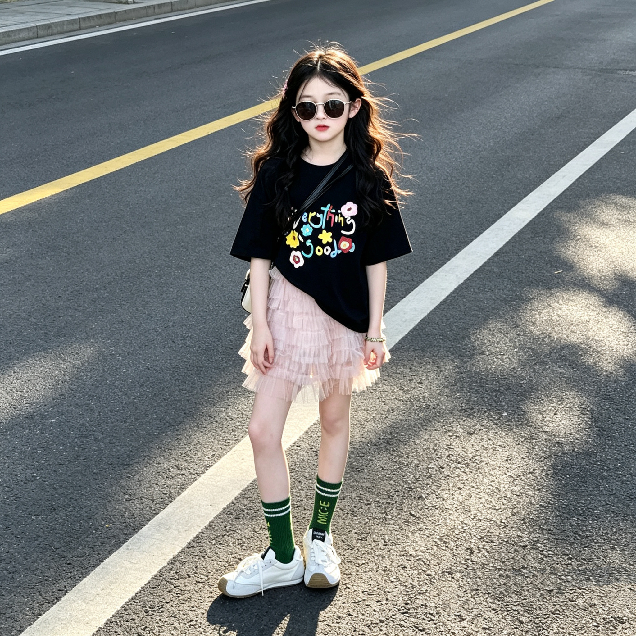 女童甜美印花短袖蛋糕裙套装