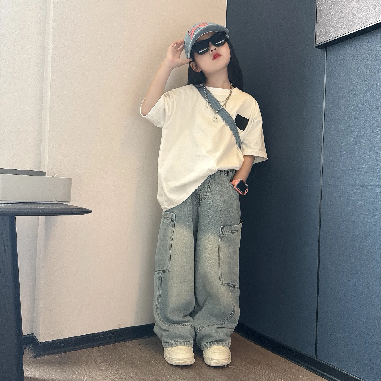 女童白色洋气短袖牛仔裤潮酷套装