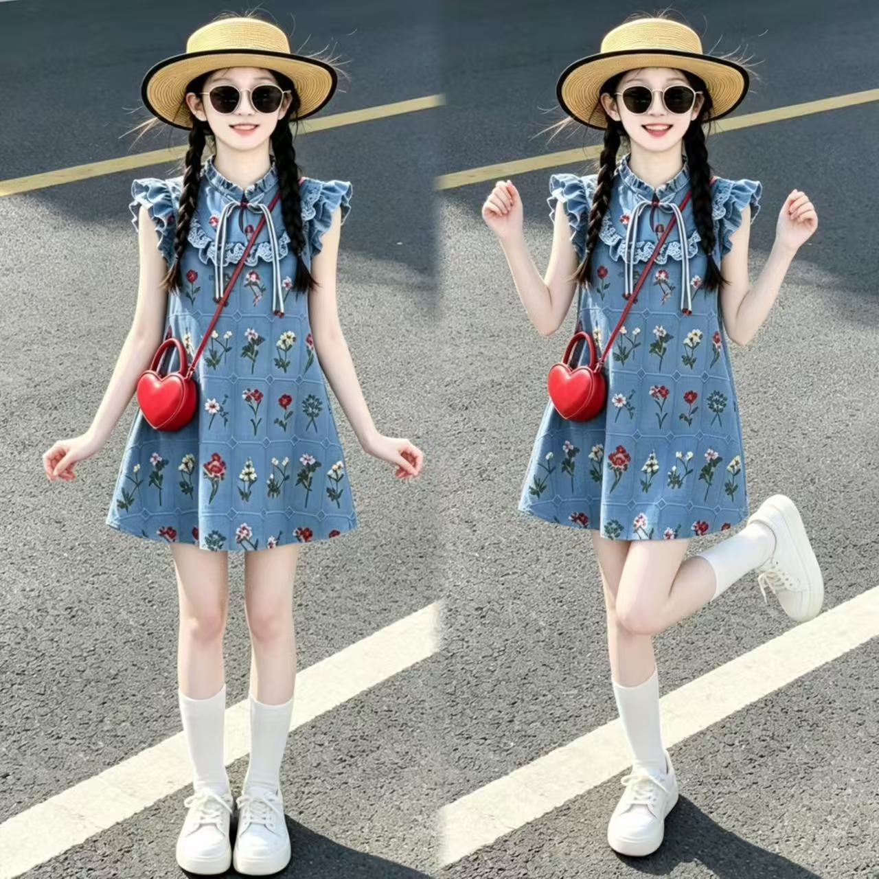 女童洋气碎花中式连衣裙