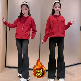 女童超好看新年氛围感红色亮片蝴蝶结毛衣显瘦加绒牛仔喇叭裤套装