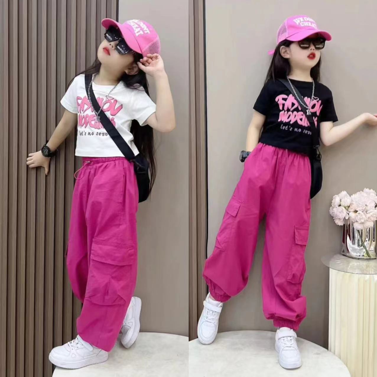 2024夏季新款女童字母短袖火龙果色工装裤炸街套装时尚多巴胺穿搭