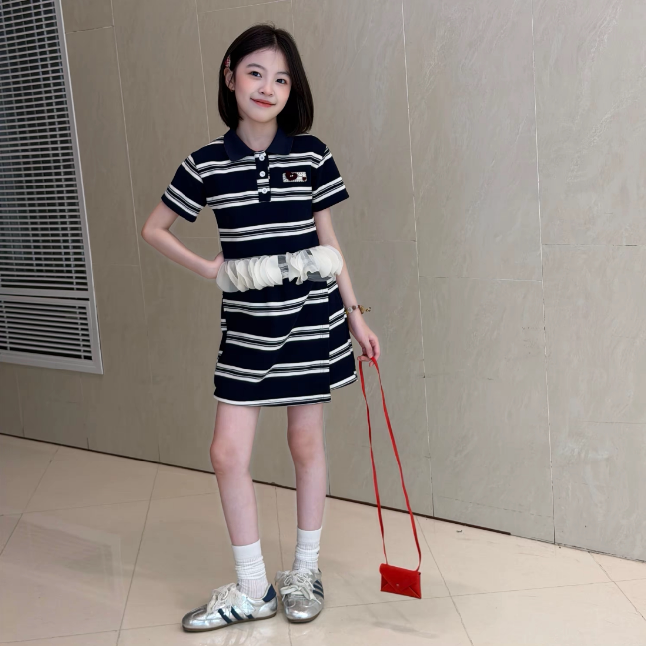 女童花边POLO领短袖高腰裙裤套装