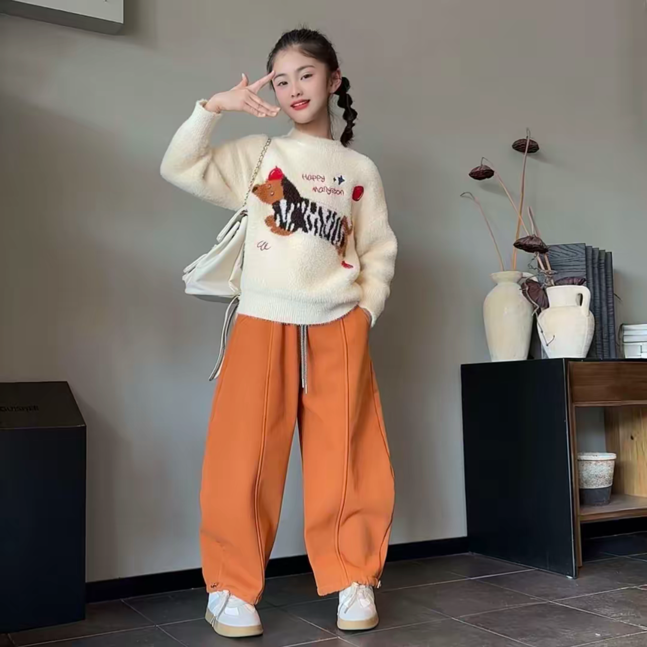 女童卡通腊肠狗加厚保暖毛衣套装