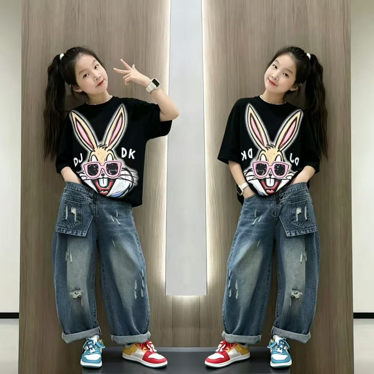 女童卡通兔子短袖破洞牛仔裤套装