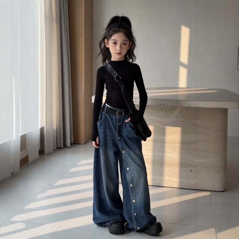 女童牛仔阔腿裤黑色上衣套装