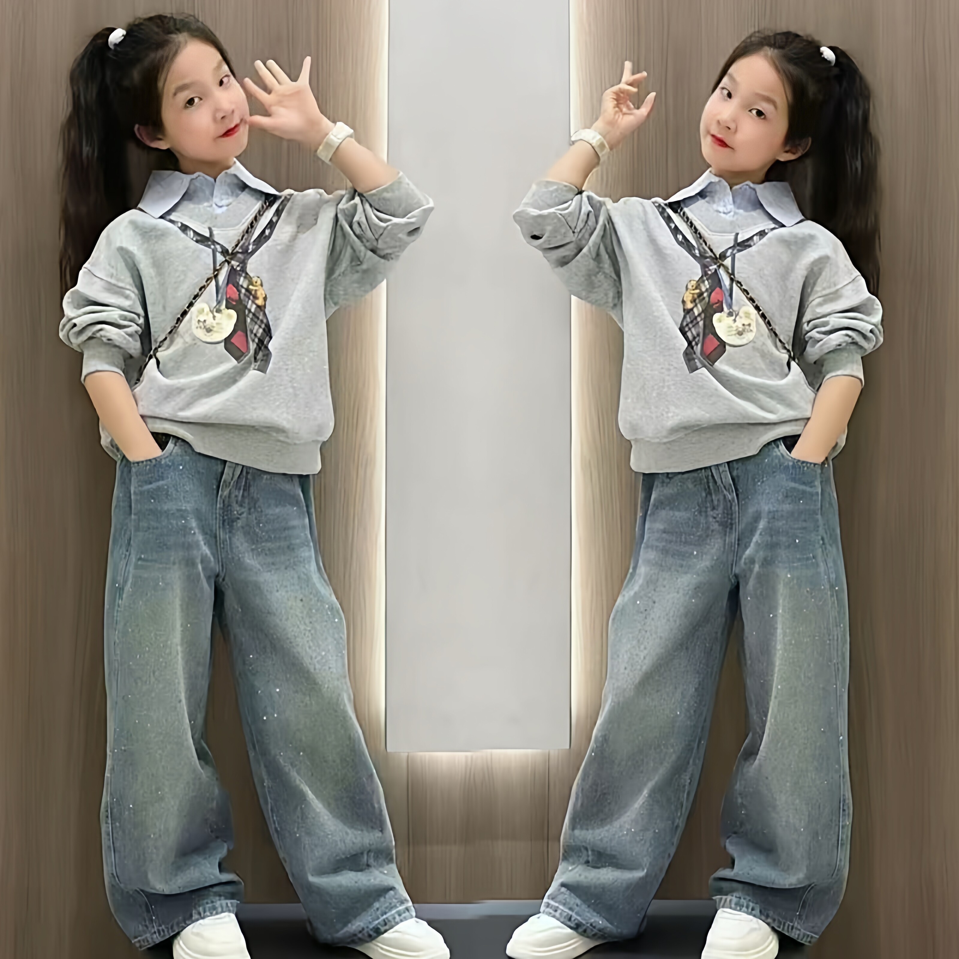 女童春季韩版学院风假两件衬衫领卫衣个性烫钻牛仔裤初中生套装潮