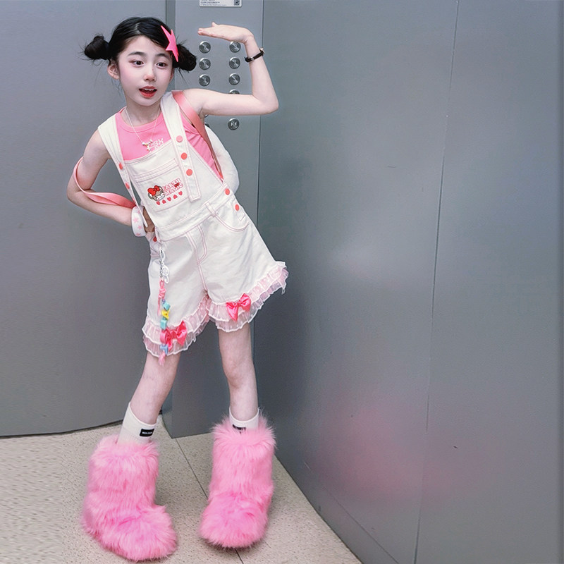 女童夏季粉色背心连体短裤套装