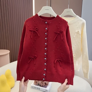 女童超好看亮片红色本命年蝴蝶结毛衣冬季新年初中生针织开衫韩版