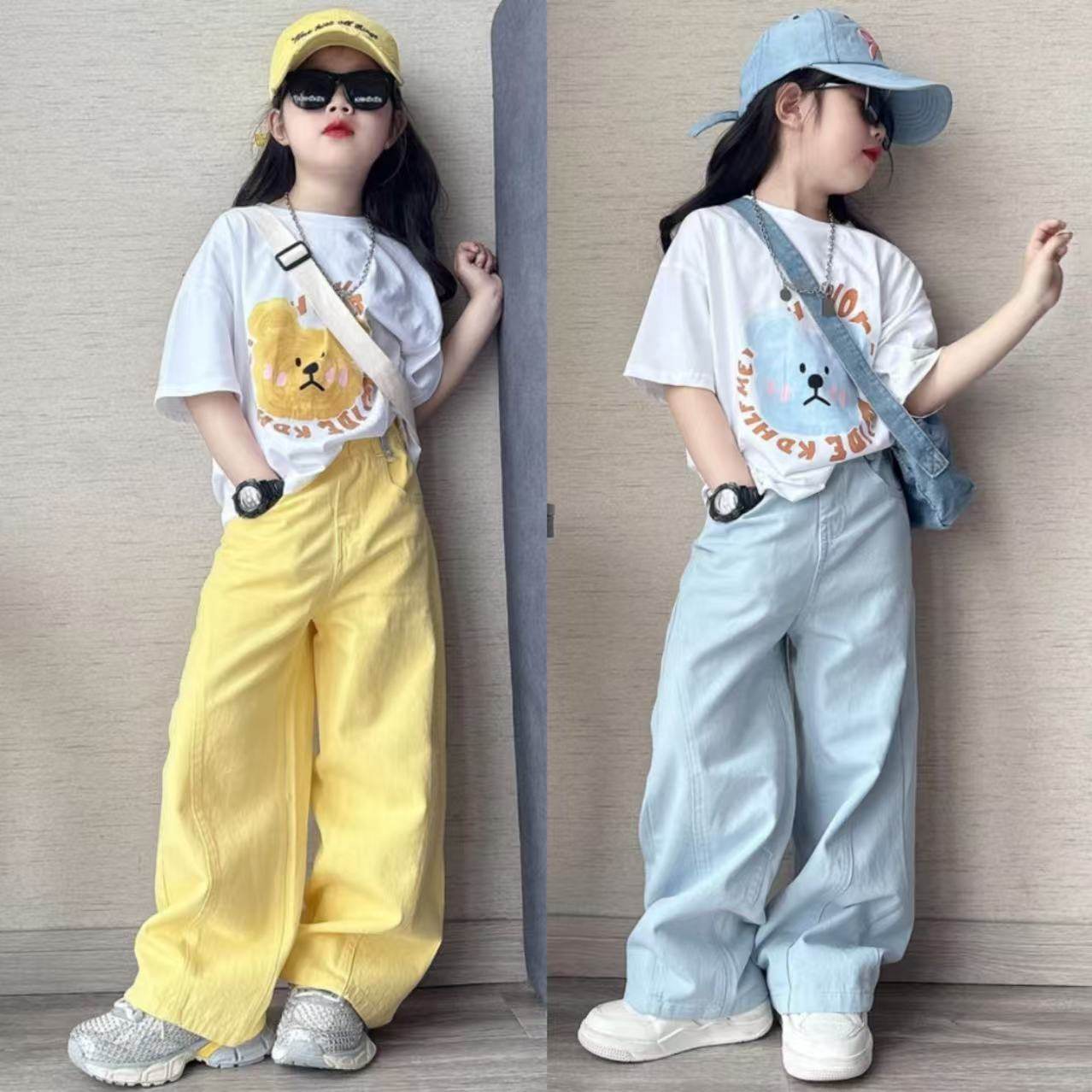 女童卡通小熊短袖多巴胺裤子套装