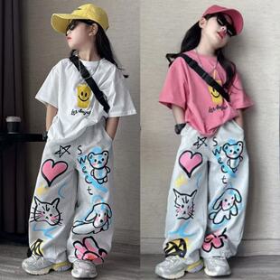 女童夏创意卡通笑脸可乐杯印花宽松短袖个性涂鸦牛仔阔腿洋气套装