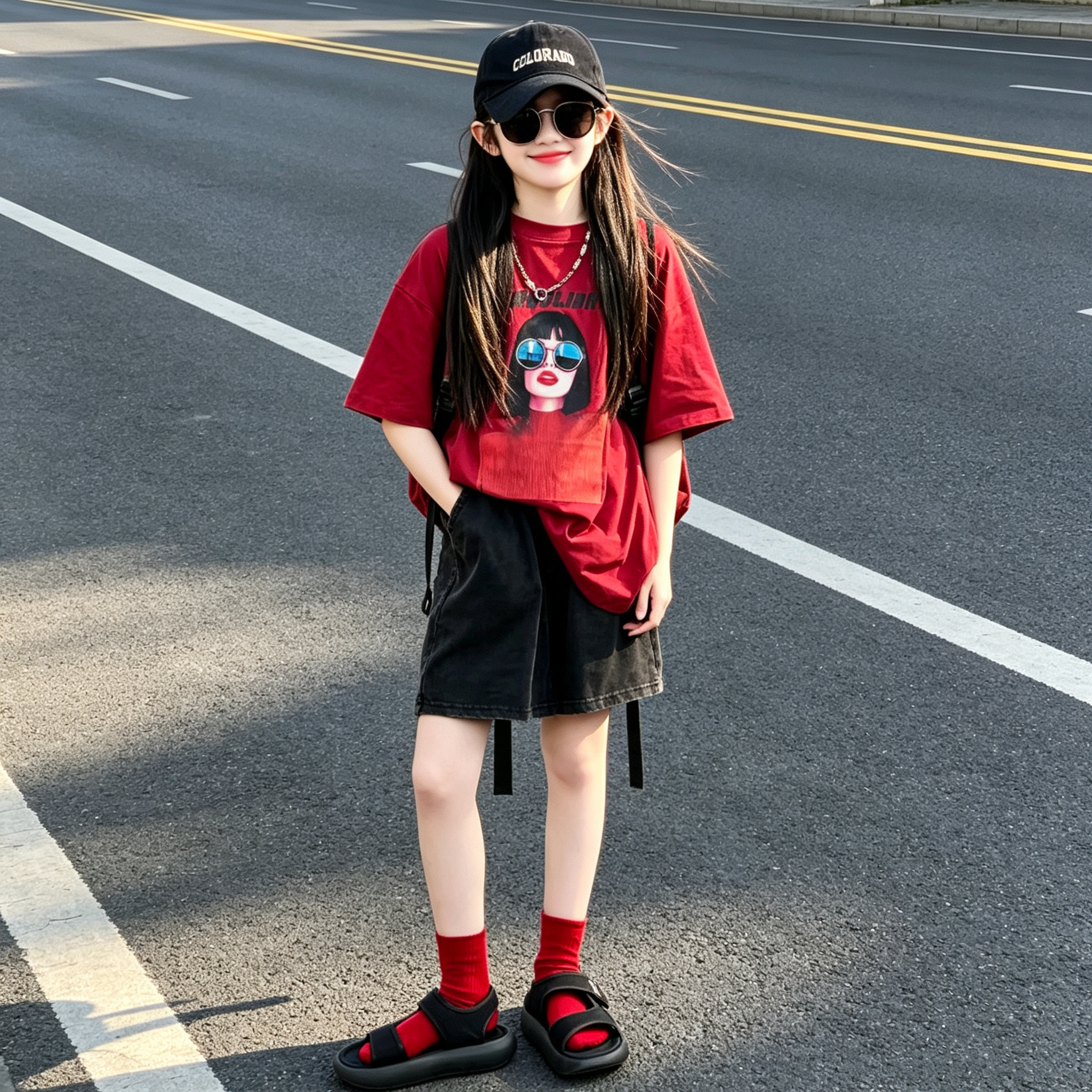 女童红色宽松短袖薄款短裤套装