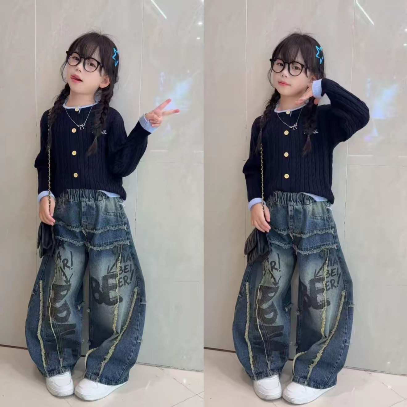 女童学院风针织衫复古弯刀裤套装
