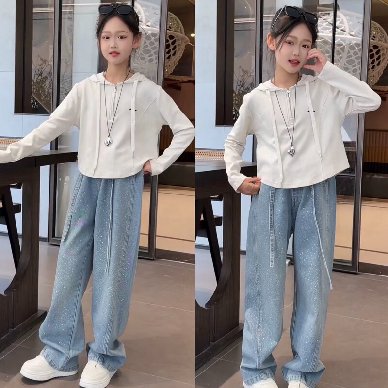 女童韩系简约套头半拉链连帽卫衣烫钻牛仔阔腿裤超好看休闲套装潮