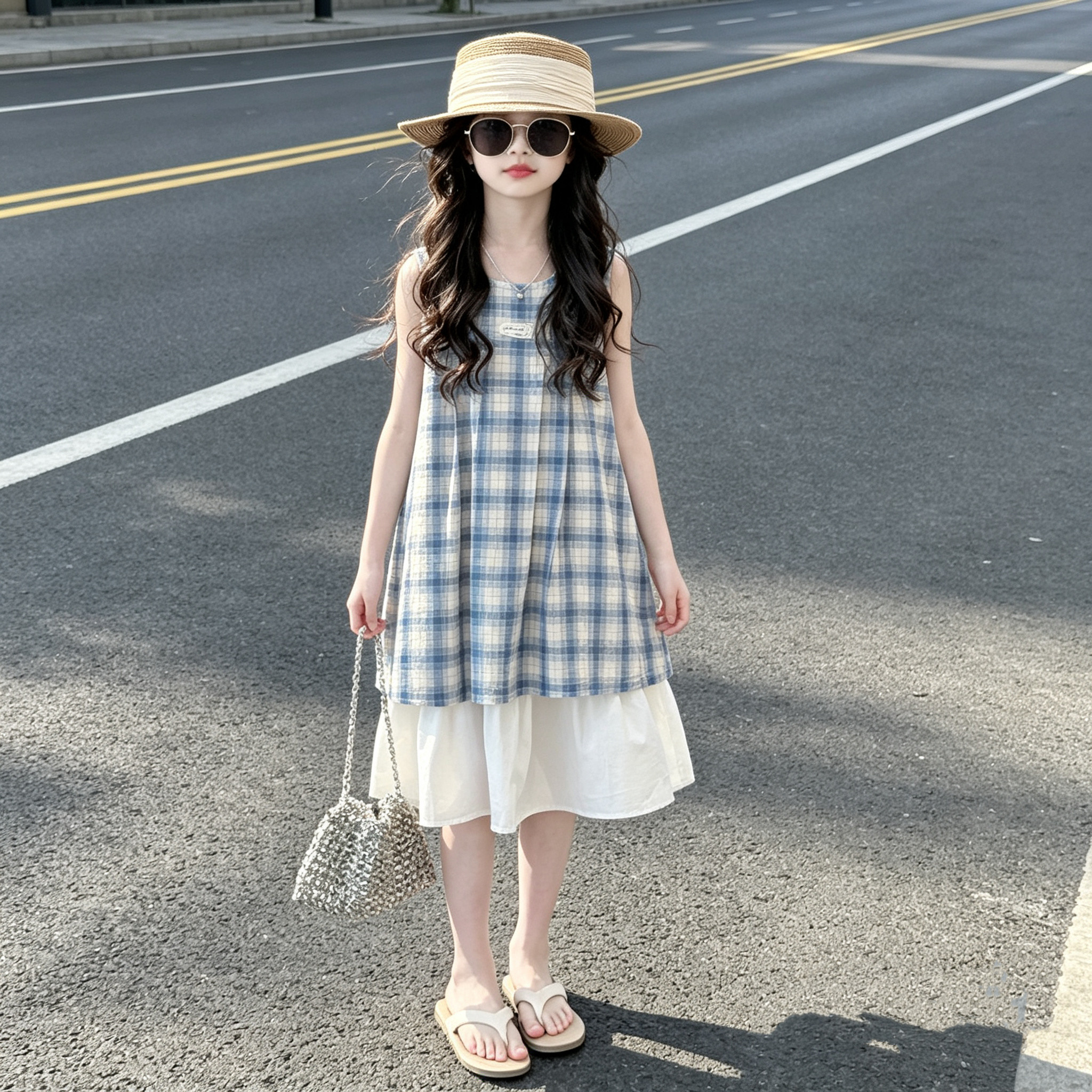 女童夏季蓝色格子连衣裙