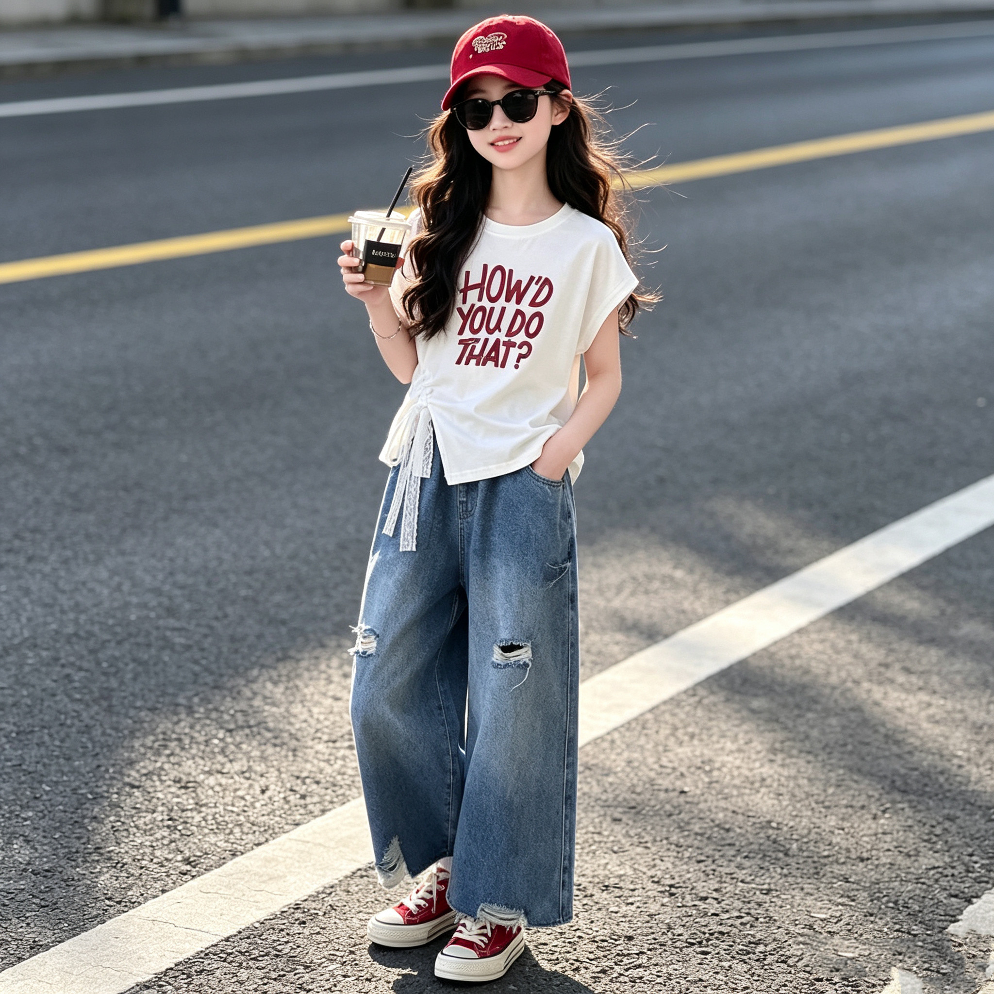 女童不规则字母短袖七分裤套装