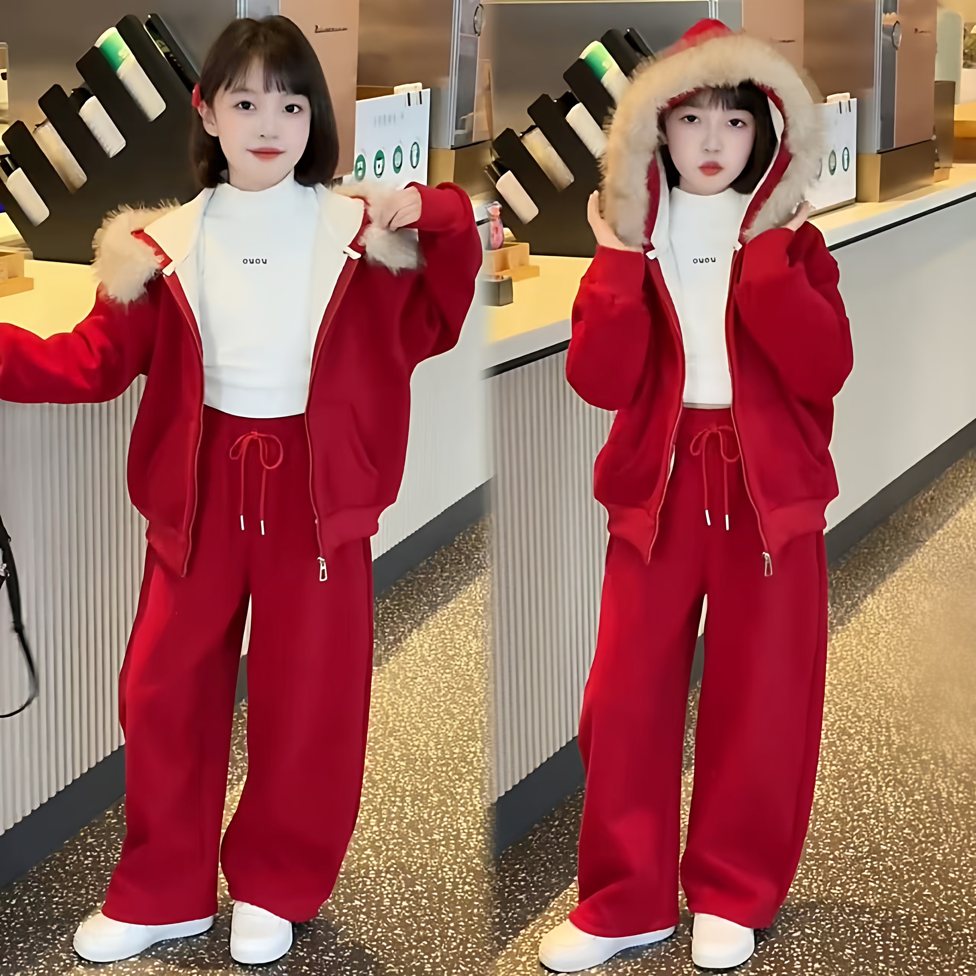 复古毛领连帽女童新年红加厚拉链卫衣外套休闲裤高级感洋气套装潮