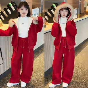 复古毛领连帽女童新年红加厚拉链卫衣外套休闲裤高级感洋气套装潮